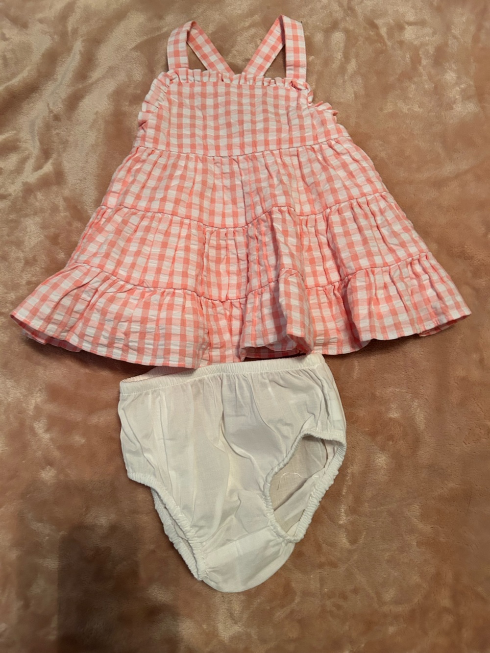 Janie and Jack Coral and White Gingham Tiered dress with Attached Undershort